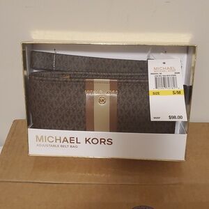 Michael Kors Brown Monogram Belt Bag with Tan & Cream Stripe